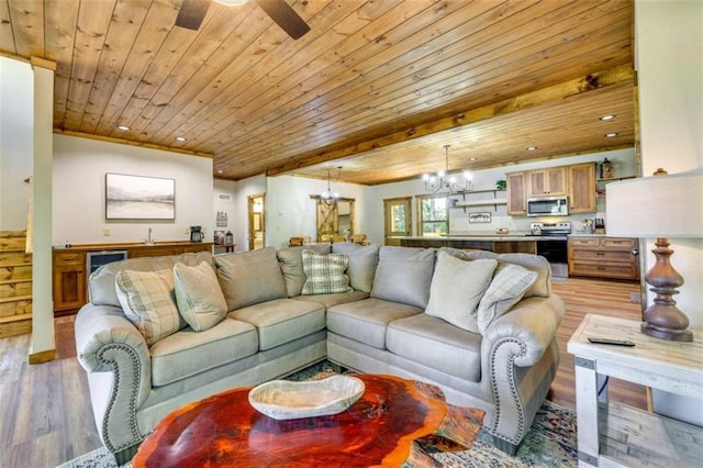 living area featuring wooden ceiling, beverage cooler, light wood-style floors, and recessed lighting