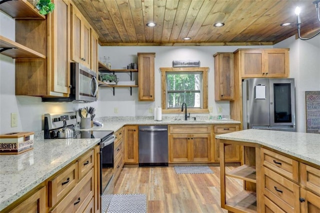 kitchen featuring open shelves, stainless steel appliances, recessed lighting, a sink, and wooden ceiling