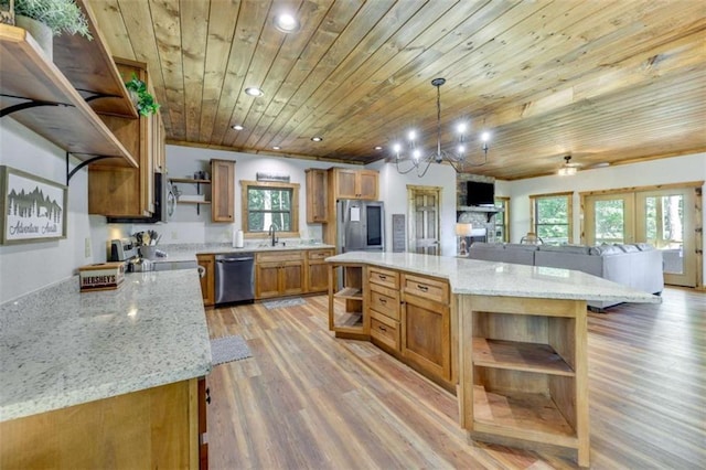 kitchen featuring brown cabinetry, wood ceiling, appliances with stainless steel finishes, and open shelves