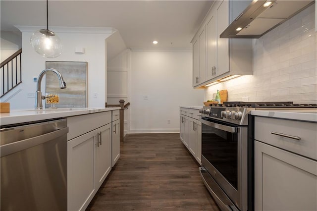 kitchen with white cabinetry, dark wood-type flooring, wall chimney range hood, and appliances with stainless steel finishes