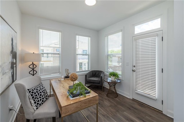 sitting room with plenty of natural light and dark wood-type flooring