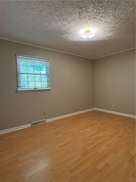 empty room featuring crown molding, a textured ceiling, and light wood-type flooring