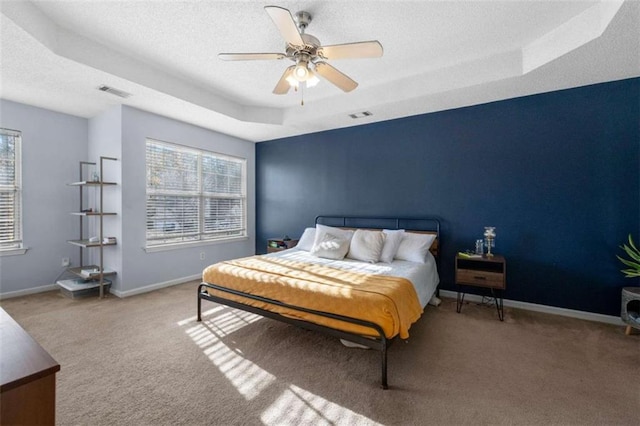 bedroom featuring multiple windows, a tray ceiling, a textured ceiling, and carpet flooring