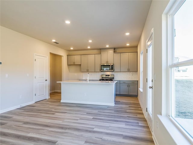 kitchen with appliances with stainless steel finishes, a kitchen island with sink, gray cabinetry, and a healthy amount of sunlight