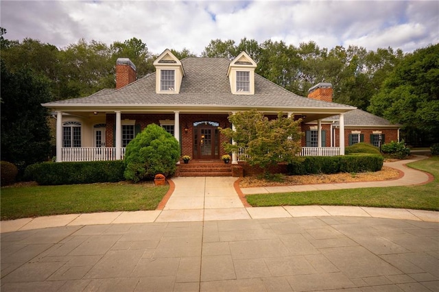 view of front of home with covered porch and a front lawn