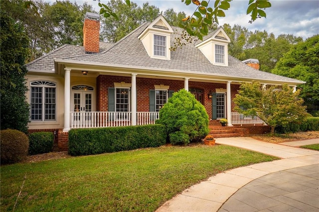 cape cod-style house featuring covered porch and a front lawn