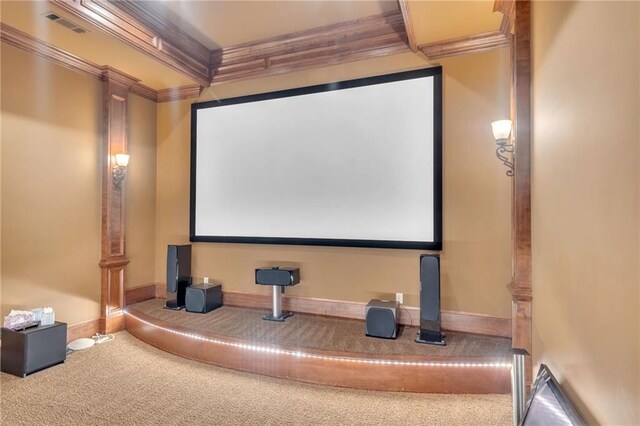 game room featuring ornate columns, a high ceiling, coffered ceiling, and crown molding