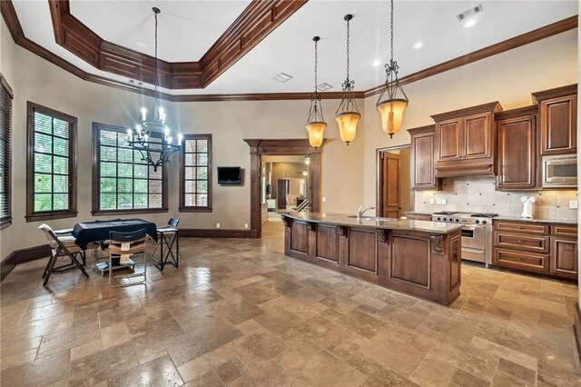 rec room with stone tile floors, visible vents, baseboards, coffered ceiling, and ornamental molding