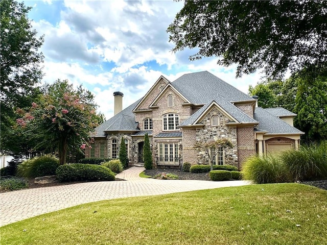 view of front facade featuring a front yard, driveway, a chimney, stone siding, and a garage