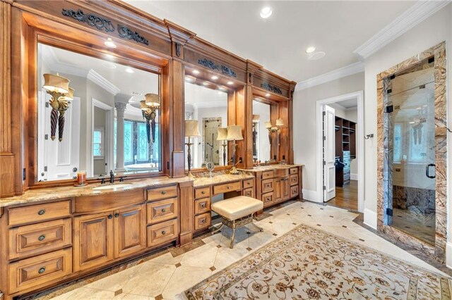 living room featuring baseboards, coffered ceiling, a fireplace with flush hearth, wood finished floors, and crown molding