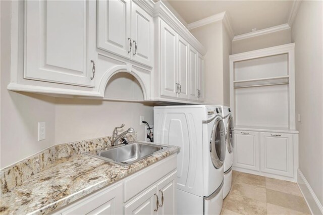 bathroom featuring double vanity, recessed lighting, visible vents, ornamental molding, and a sink