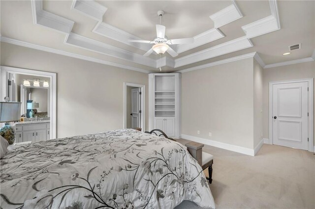 bedroom featuring ornamental molding, light colored carpet, baseboards, and multiple windows