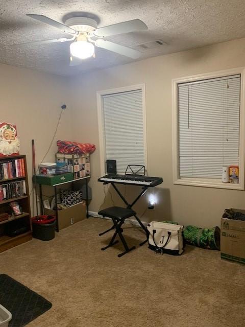 miscellaneous room with ceiling fan, carpet, and a textured ceiling