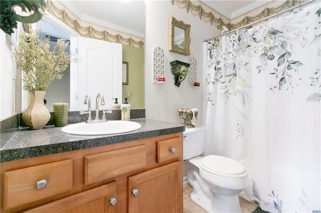bathroom with toilet, a shower with curtain, crown molding, tile patterned flooring, and vanity