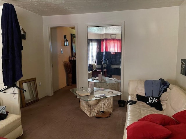 carpeted living room featuring a textured ceiling