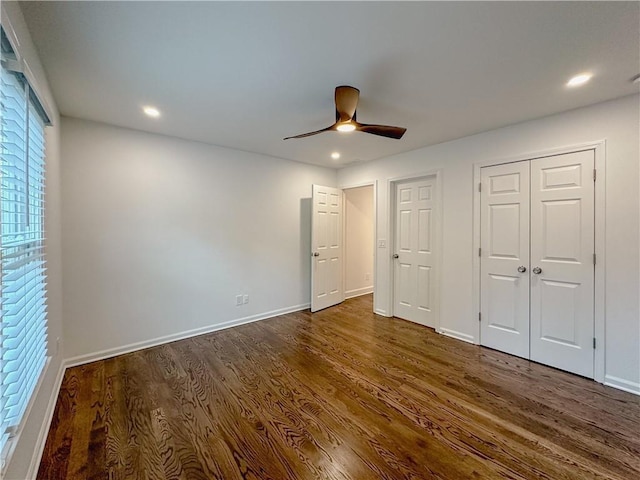 365 Morning Dew Cir, Roswell, GA 30075 - unfurnished bedroom with dark wood-style flooring, recessed lighting, baseboards, and a ceiling fan