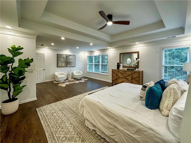 365 Morning Dew Cir, Roswell, GA 30075 - bedroom with ornamental molding, multiple windows, wood finished floors, a raised ceiling, and ceiling fan