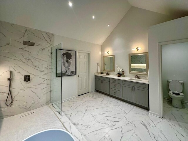 365 Morning Dew Cir, Roswell, GA 30075 - ensuite bathroom featuring marble tiled floors, a marble finish shower, a freestanding bath, recessed lighting, and lofted ceiling