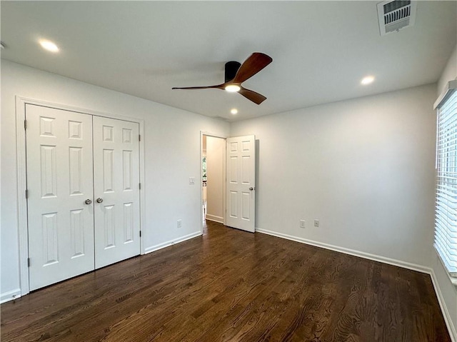 365 Morning Dew Cir, Roswell, GA 30075 - unfurnished bedroom with dark wood-type flooring, baseboards, recessed lighting, a closet, and ceiling fan