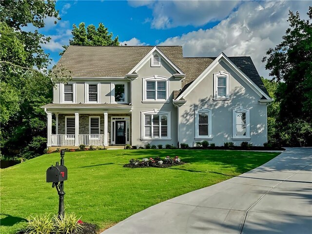 365 Morning Dew Cir, Roswell, GA 30075 - rear view of house with stucco siding, a lawn, a chimney, and central AC