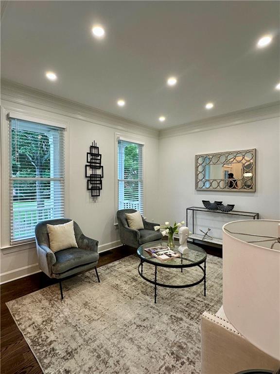 365 Morning Dew Cir, Roswell, GA 30075 - living area featuring crown molding, baseboards, dark wood-type flooring, and recessed lighting