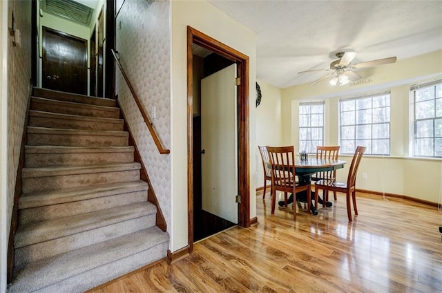 stairs featuring ceiling fan and wood-type flooring