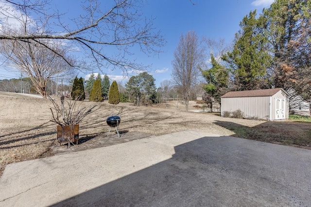 view of yard featuring a patio area and a storage shed