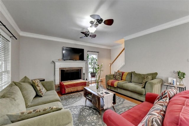 living room featuring wood-type flooring, crown molding, and ceiling fan