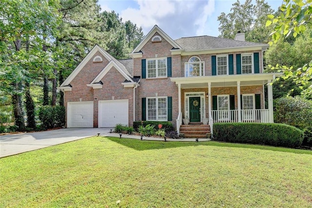 view of front of home featuring a garage, a front lawn, and a porch