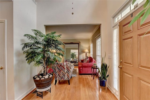 entrance foyer with ornamental molding and light hardwood / wood-style floors