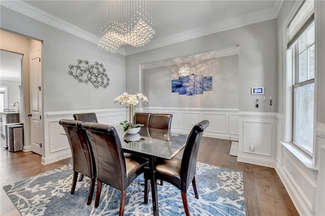 dining area with a decorative wall, crown molding, wood finished floors, wainscoting, and a chandelier
