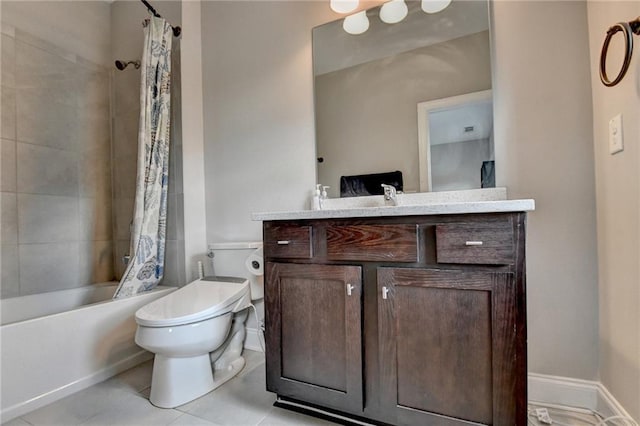 full bath with shower / bath combo, toilet, vanity, and tile patterned floors