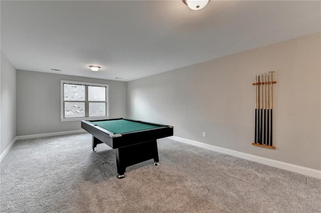 game room featuring carpet, visible vents, baseboards, and billiards