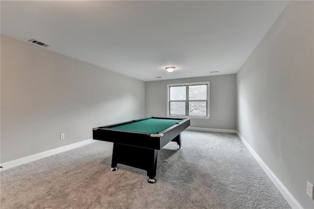 playroom featuring baseboards, visible vents, carpet, and pool table