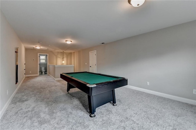playroom with light carpet, baseboards, and billiards
