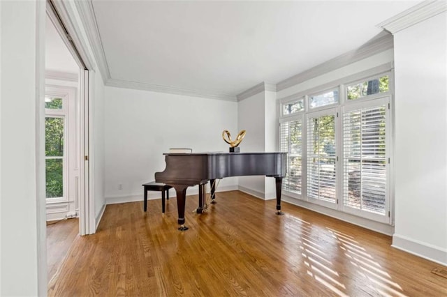 living area with baseboards, wood finished floors, and ornamental molding