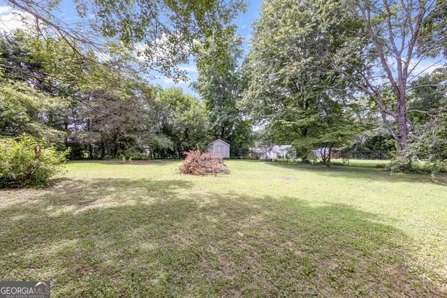 33 Russell Rd, Mcdonough, GA 30252 - view of grassy yard with a storage shed and view of wooded area
