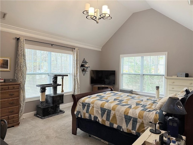 bedroom with baseboards, vaulted ceiling, multiple windows, and light colored carpet