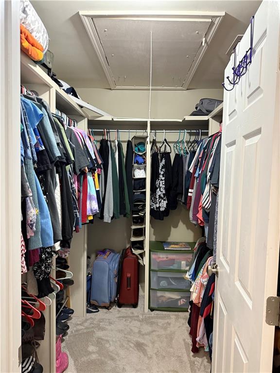 spacious closet with attic access and carpet floors