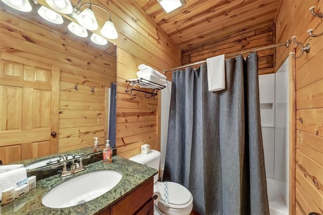 full bathroom with shower / bathtub combination with curtain, wood ceiling, toilet, wood walls, and vanity