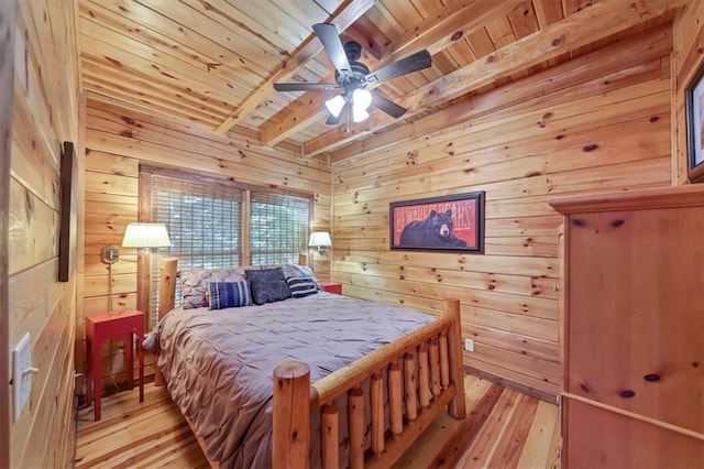 bedroom with light wood-type flooring, wood walls, beam ceiling, and wooden ceiling