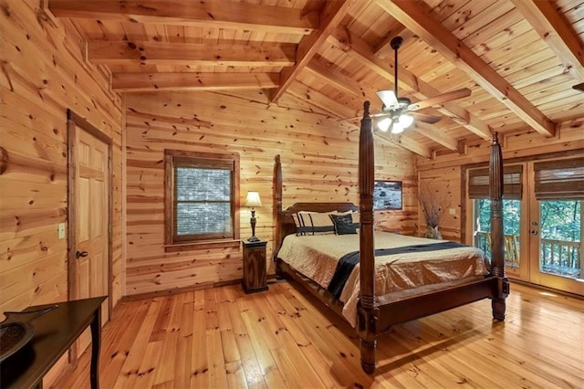 unfurnished bedroom featuring wood walls, light wood-type flooring, and wooden ceiling