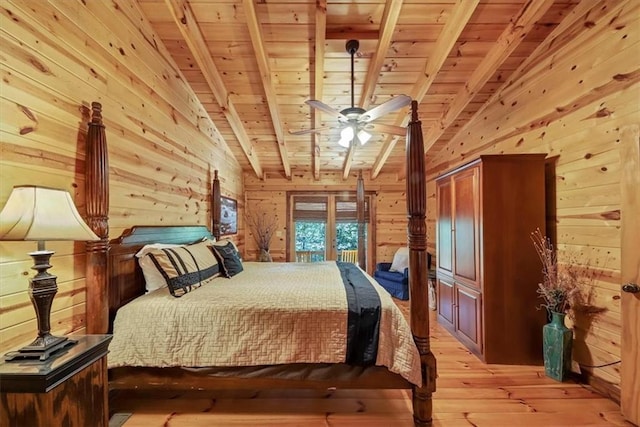 bedroom featuring wood walls, light hardwood / wood-style flooring, wood ceiling, lofted ceiling with beams, and ceiling fan