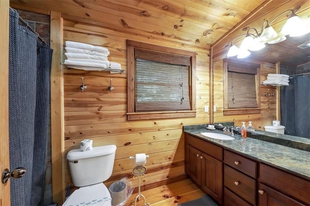 bathroom featuring vanity, toilet, wood walls, and wood ceiling