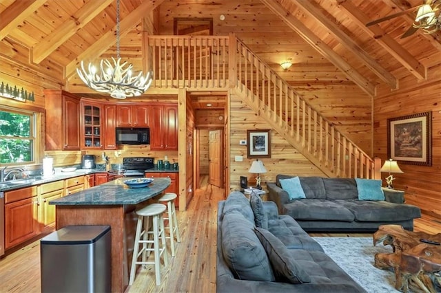 interior space with high vaulted ceiling, wooden walls, and wooden ceiling