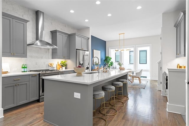 kitchen featuring stainless steel appliances, gray cabinets, and wall chimney range hood