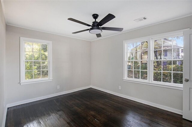 3060 Washington Rd, Atlanta, GA 30344 - empty room with baseboards, dark wood-style floors, crown molding, and a ceiling fan