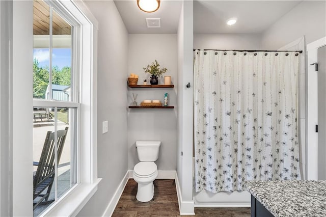 bathroom featuring vanity, toilet, and hardwood / wood-style floors