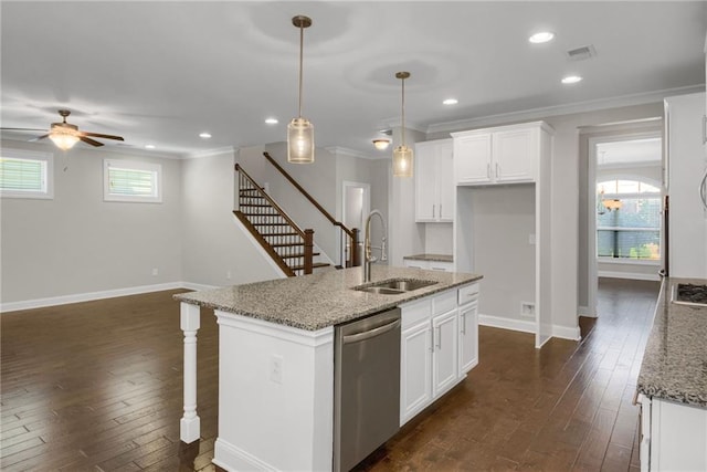 4204 Hardy Ave, Smyrna, GA 30082 - kitchen featuring stainless steel dishwasher, a sink, crown molding, dark wood-style flooring, and a ceiling fan