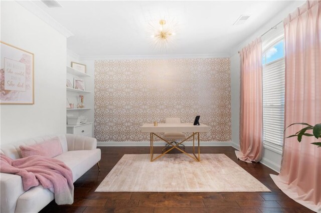 4204 Hardy Ave, Smyrna, GA 30082 - office space with wallpapered walls, baseboards, ornamental molding, and dark wood-style floors